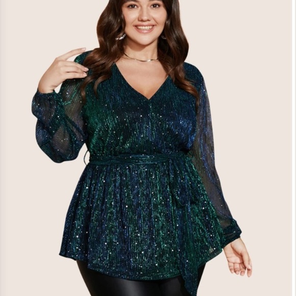 BloomChic Plus Size V-Neck Waist Pleat Blouse Lantern Sleeves Sparkly Peplum Top - Picture 1 of 7